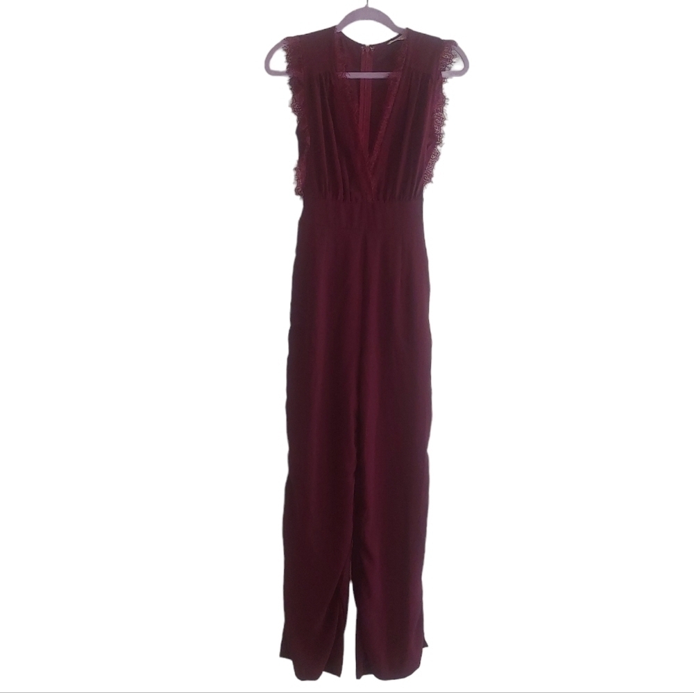 Altar'd State Ladies V-neck Lace Tie-front Romantic Maroon Jumpsuit- size S